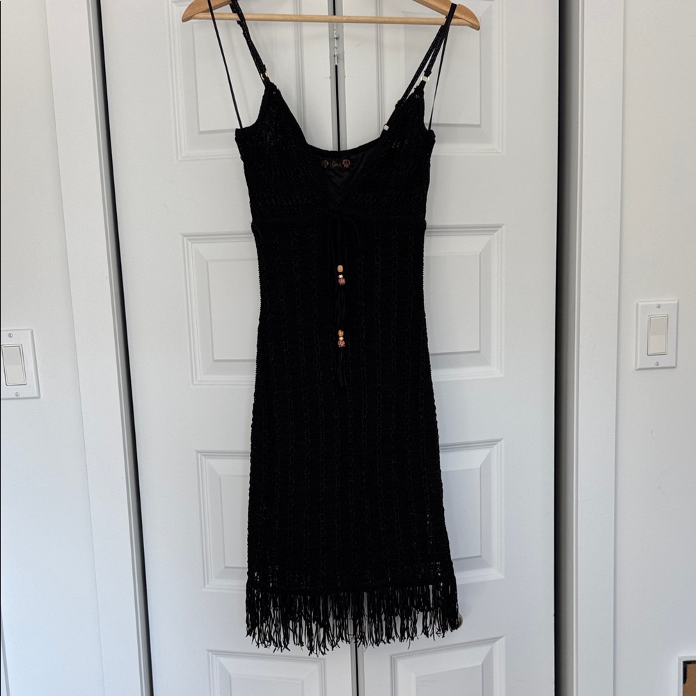 GUESS Black Knit Fringe Mini Dress
